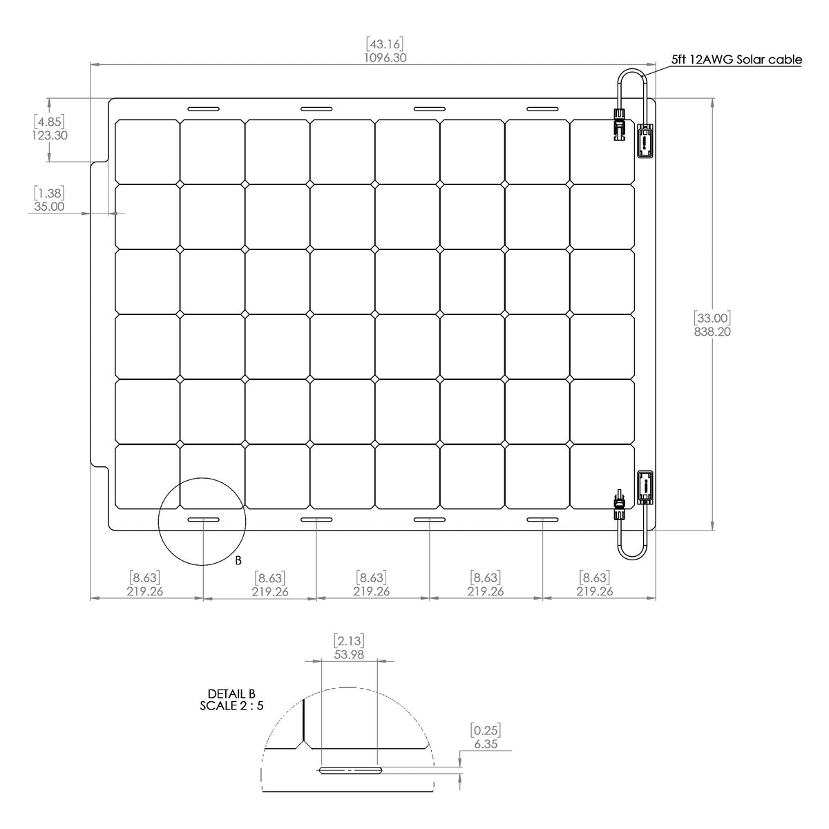Military-Grade Walkable Solar Panel 170 Watt - Technical Drawing