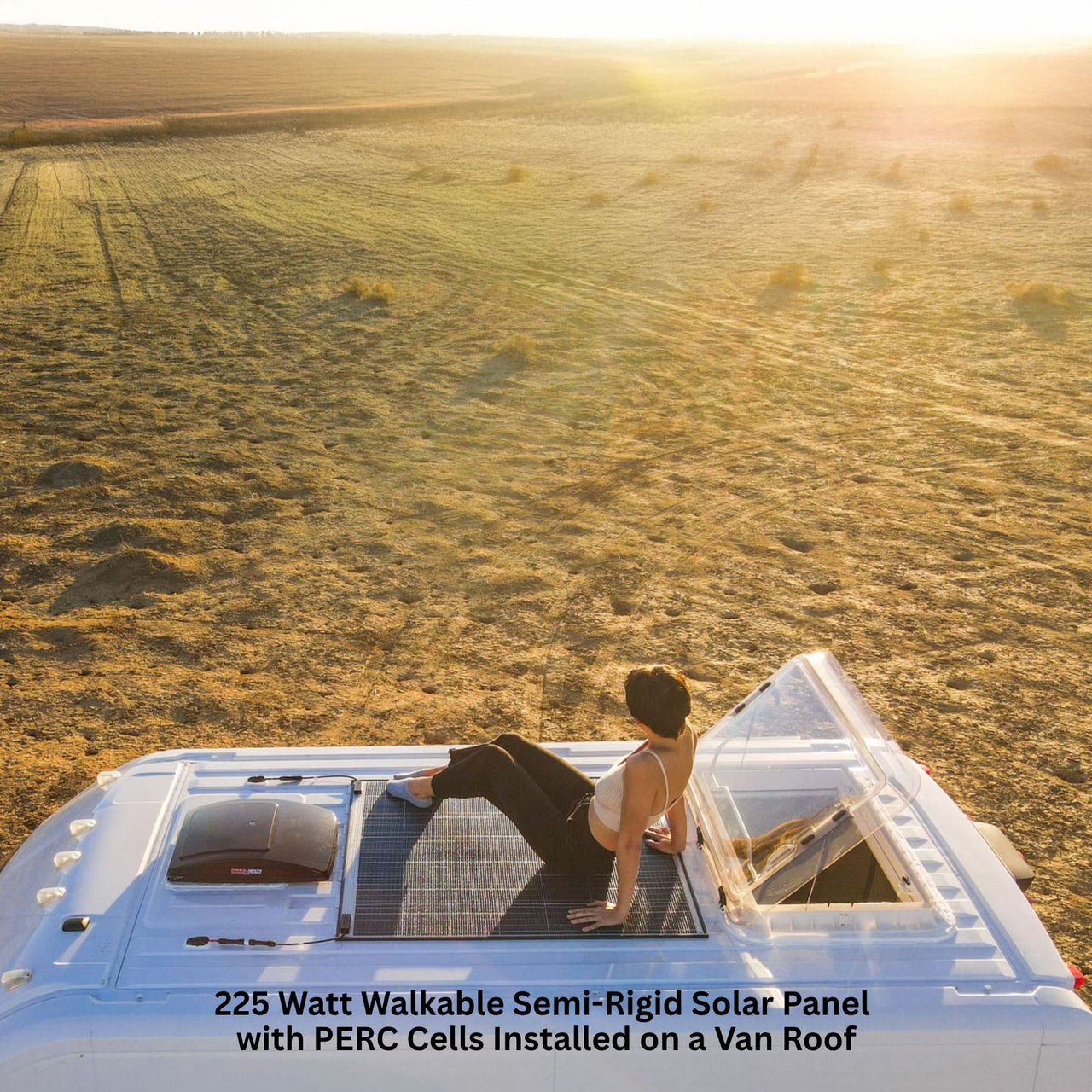 225 Watt Walkable Semi-Rigid Solar Panel - PERC Cells installed on a van