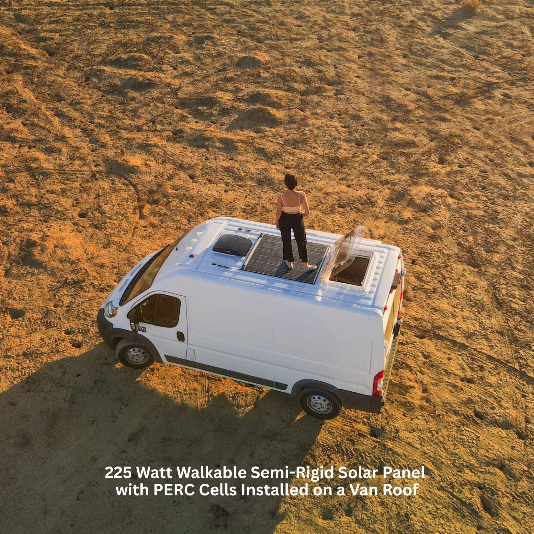 225 Watt Walkable Semi-Rigid Solar Panel with PERC Cells installed on a van roof