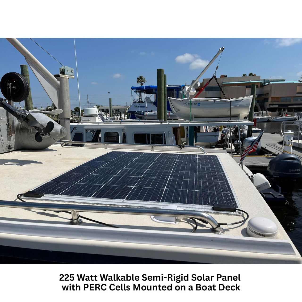 225 Watt Walkable Semi-Rigid Solar Panel - PERC Cells installed on a boat
