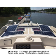 2 100 watt, 2 120 Watt Rigid marine solar panel and a narrow Fifth Panel on a Kayde-Krogen