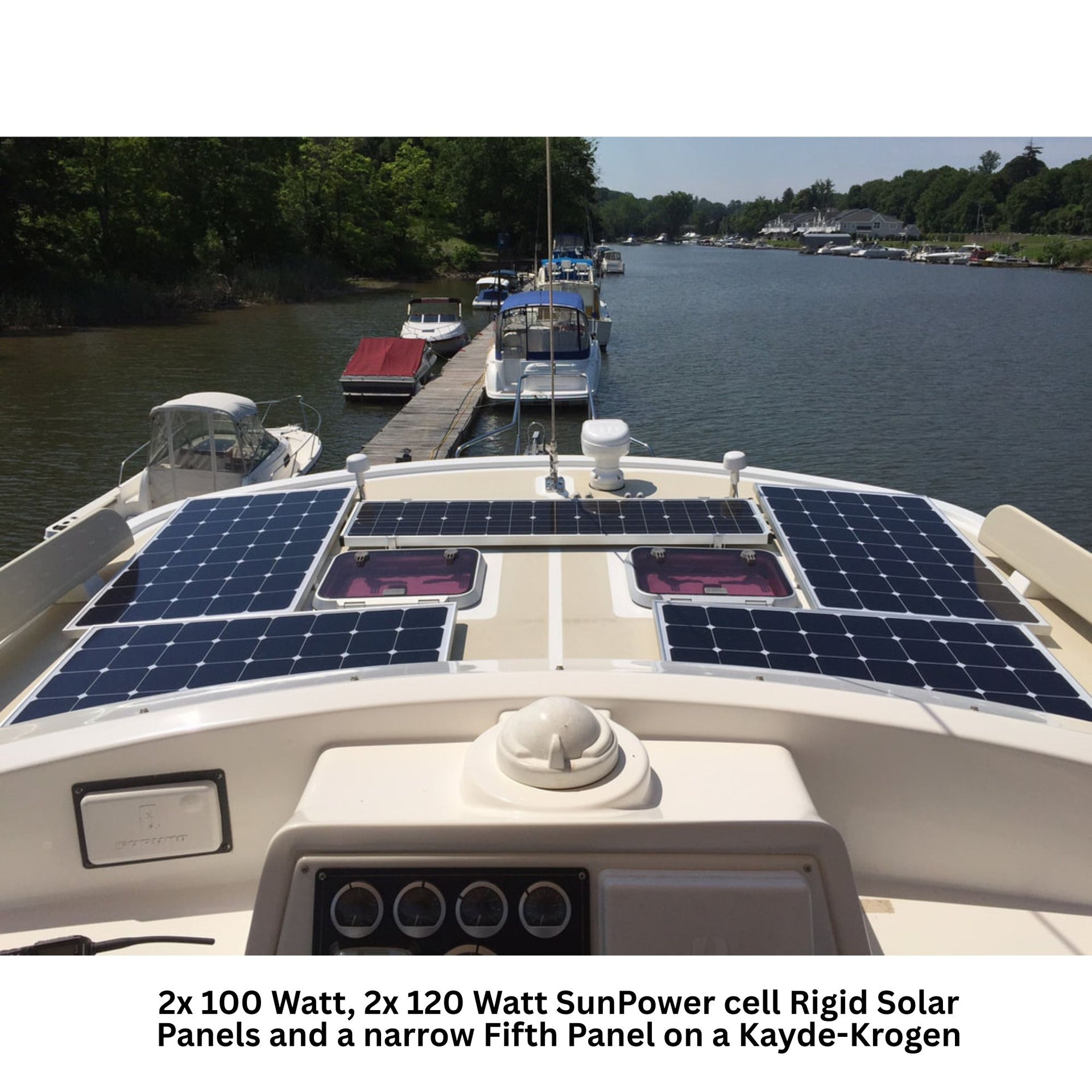 2 100 watt, 2 120 Watt Rigid marine solar panel and a narrow Fifth Panel on a Kayde-Krogen
