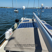 2x 175 Watt and 2x70 Watt Flexible Marine Solar Panels on Hylas 54 sailboat bimini