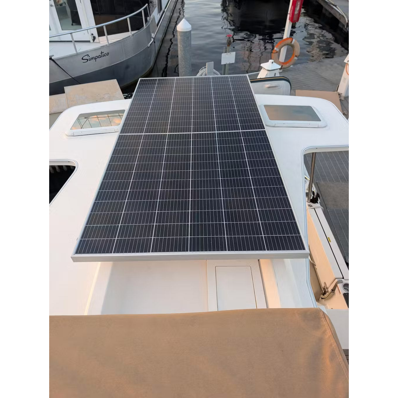 420 Watt Rigid Solar Panel - HJT Cells installed on a boat deck