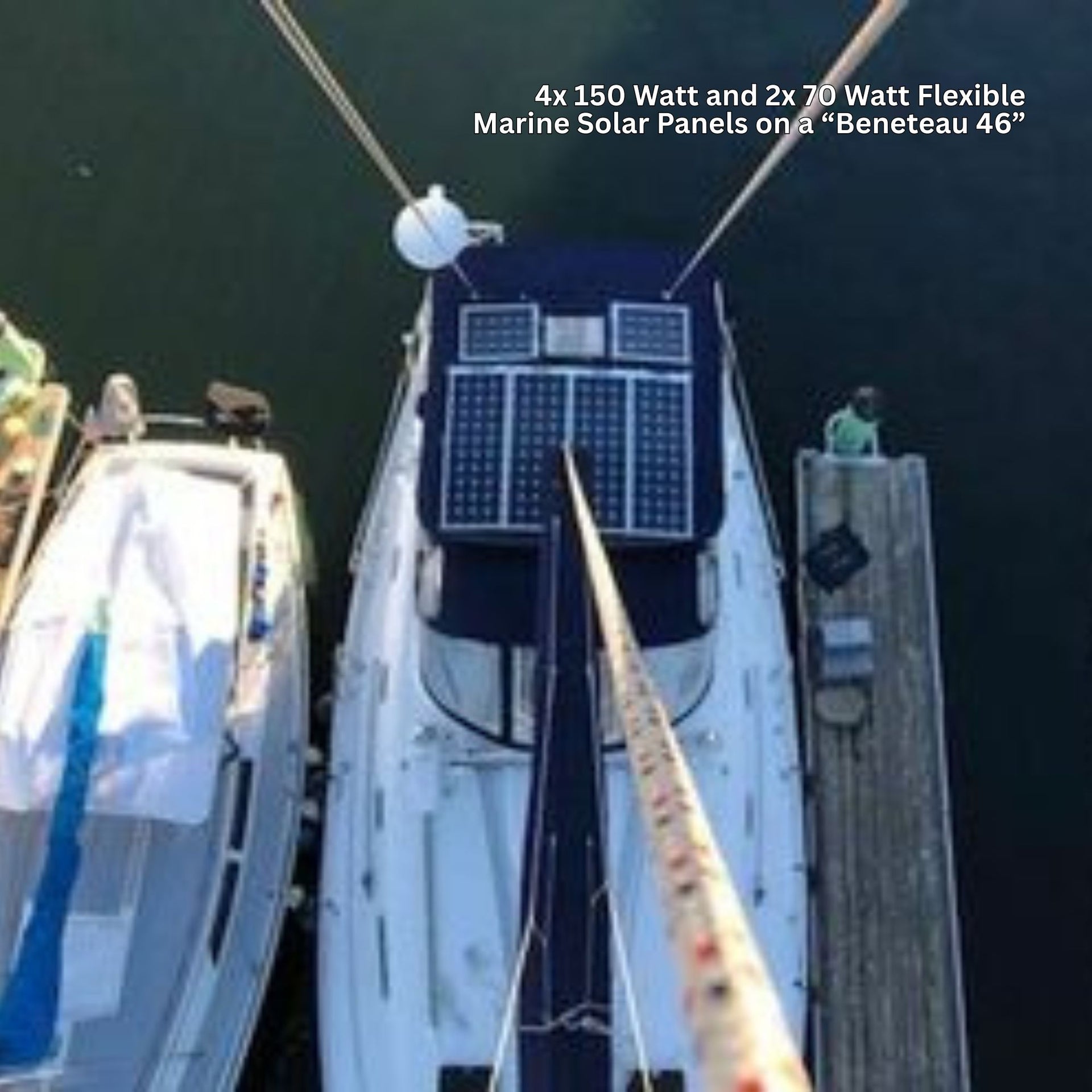 4 150 watt and 2 70 watt CMP Flexible Marine Solar Panels on a Beneteau 46 Sailboat Bimini