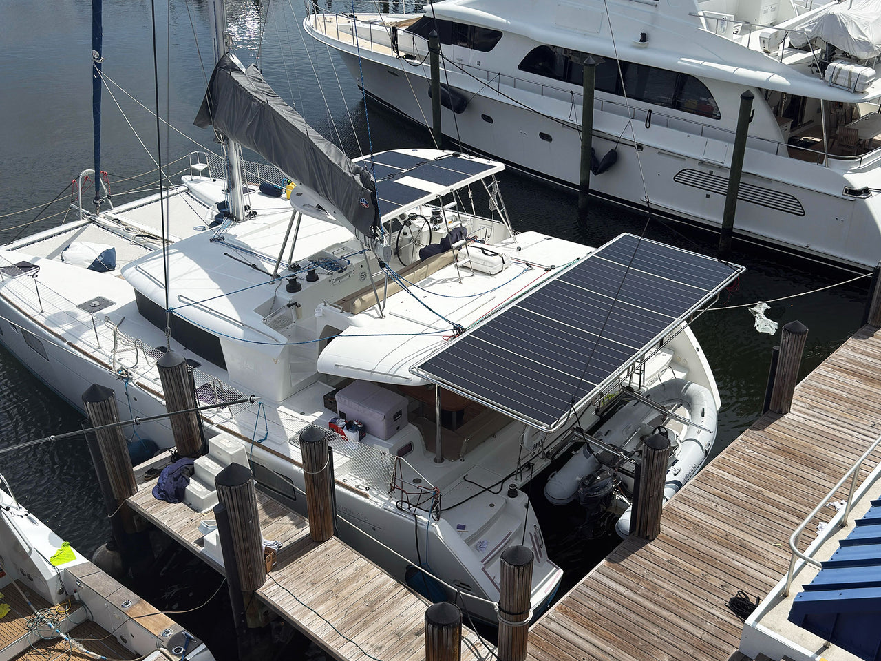 550 watt x5 rigid solar panels intalled on a Catamaran by Just Catamarans in Fort Lauderdale