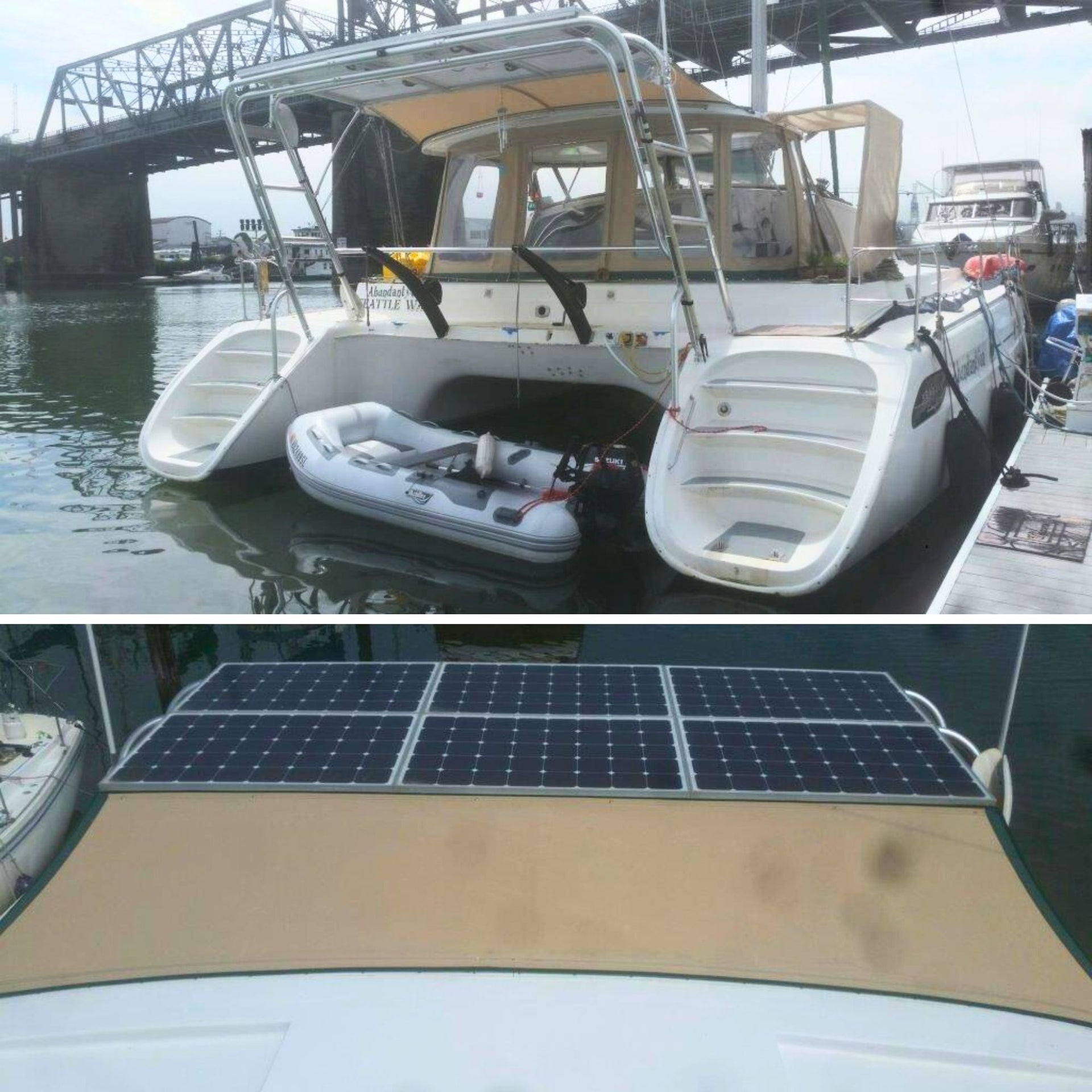 6 120 watt SunPower cell Rigid Marine Solar Panels powered by 2 Tracer BN controllers on a Sailboat