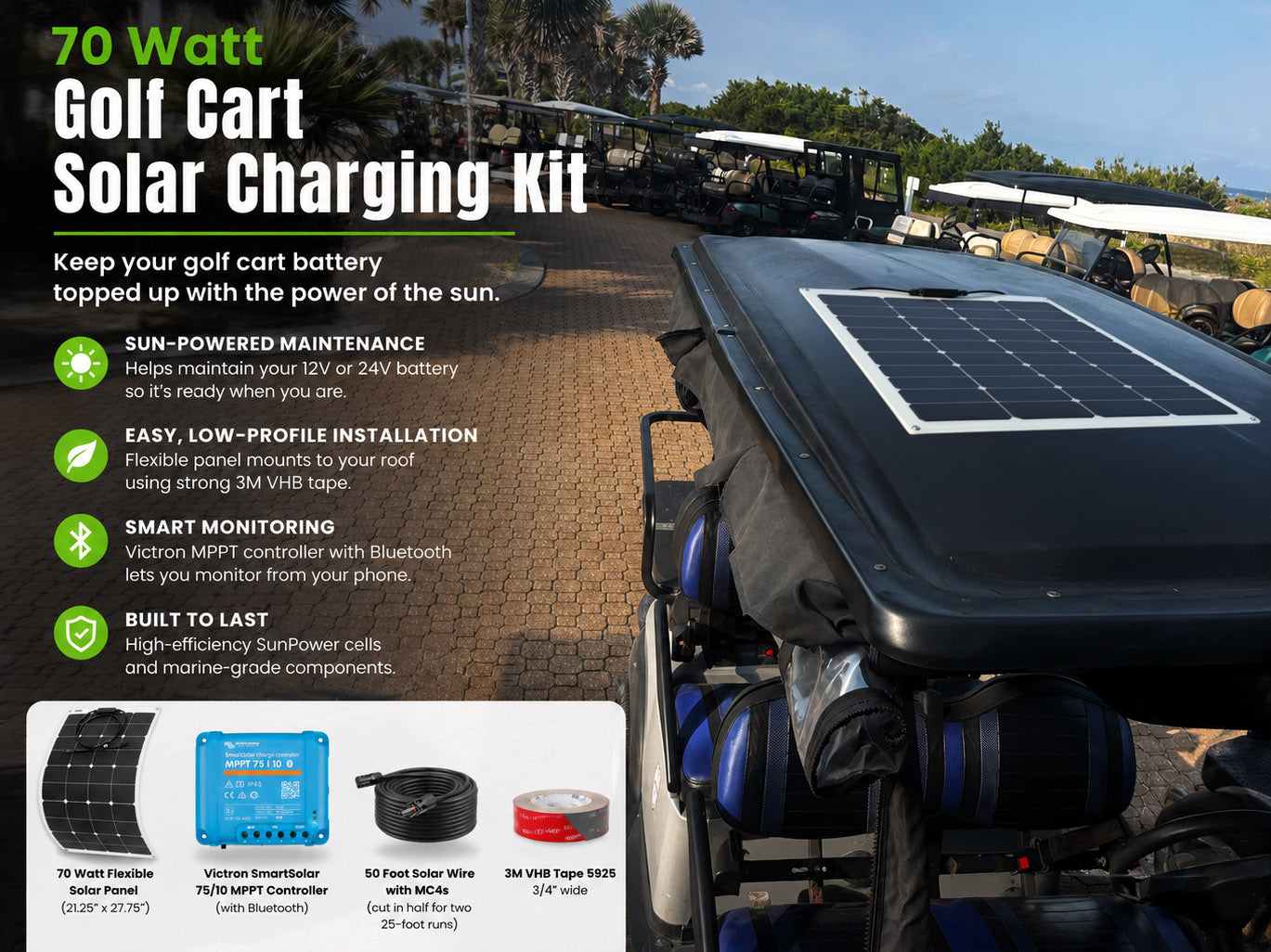 70 Watt Golf Cart Solar Charging Kit | Custom Marine Products