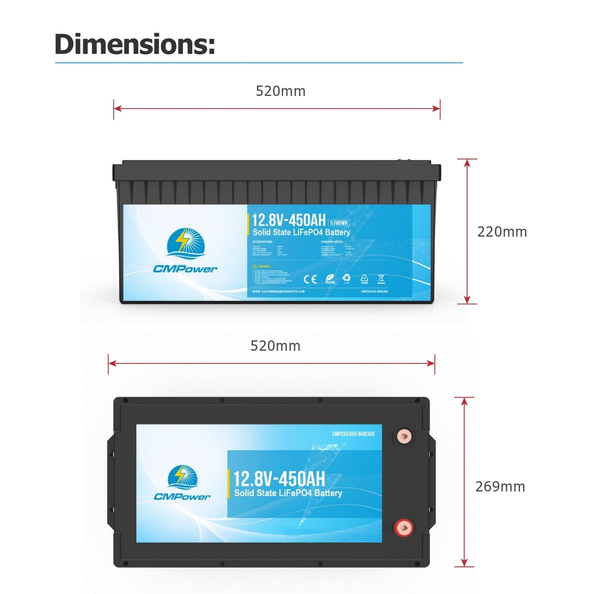 450 Ah 12 Volt 300 amp BMS Solid State LiFePO4 Battery - dimension