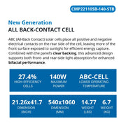 140 Watt Rigid Bifacial Back Contact Solar Panels 27.4% efficient cells - specifications
