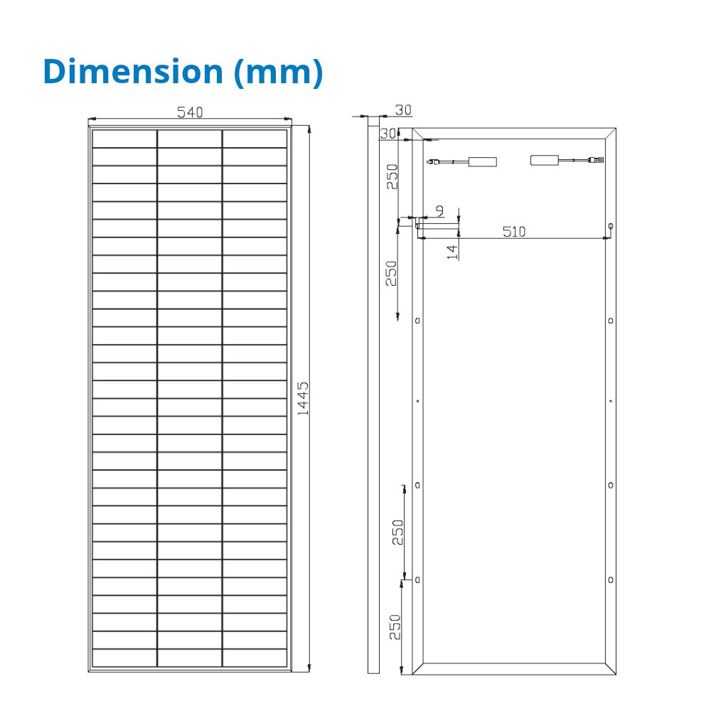 190 Watt Rigid Bifacial Back Contact Solar Panels 27.4% efficient cells - dimension