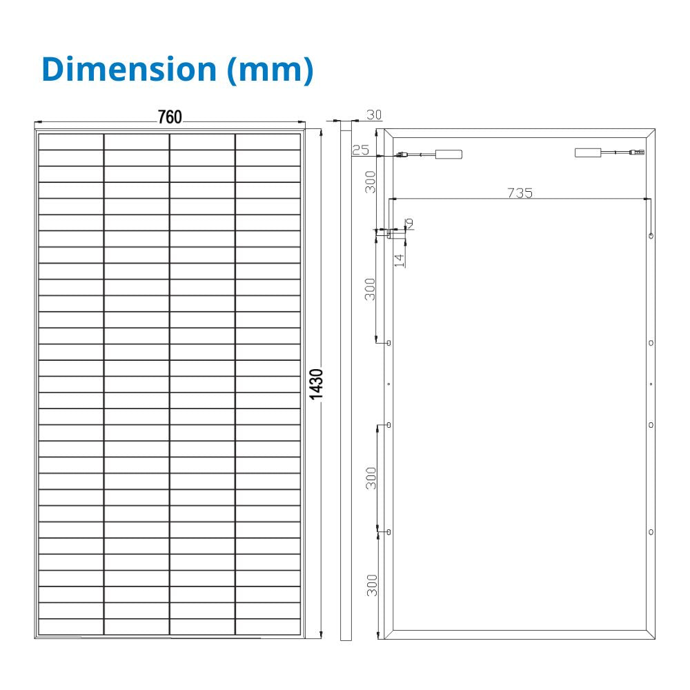 270 Watt Rigid Bifacial Back Contact Solar Panels 27.4% efficient cells - dimensions