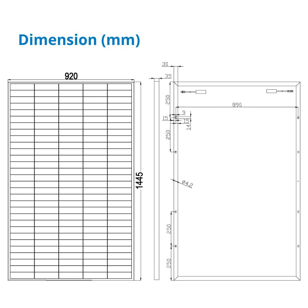 325 Watt Rigid Bifacial Back Contact Solar Panels 27.4% efficient cells - dimension