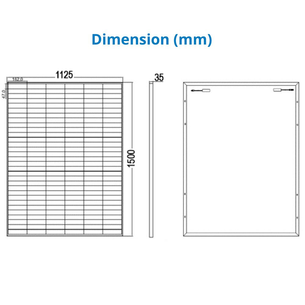 440 Watt Rigid Bifacial Back Contact Solar Panels 27.9% efficient cells - dimension