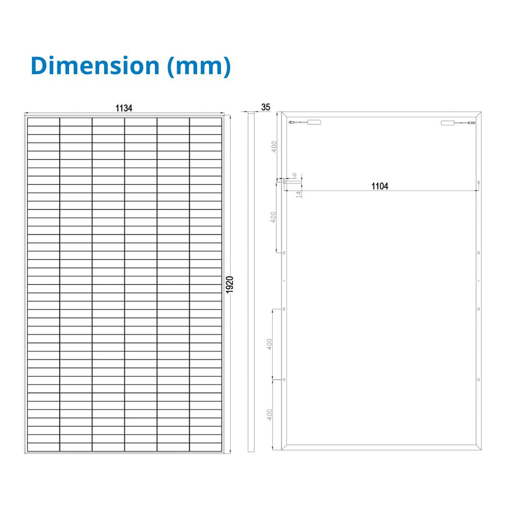 550 Watt Rigid Bifacial Back Contact Solar Panels 27.4% efficient cells - dimensions