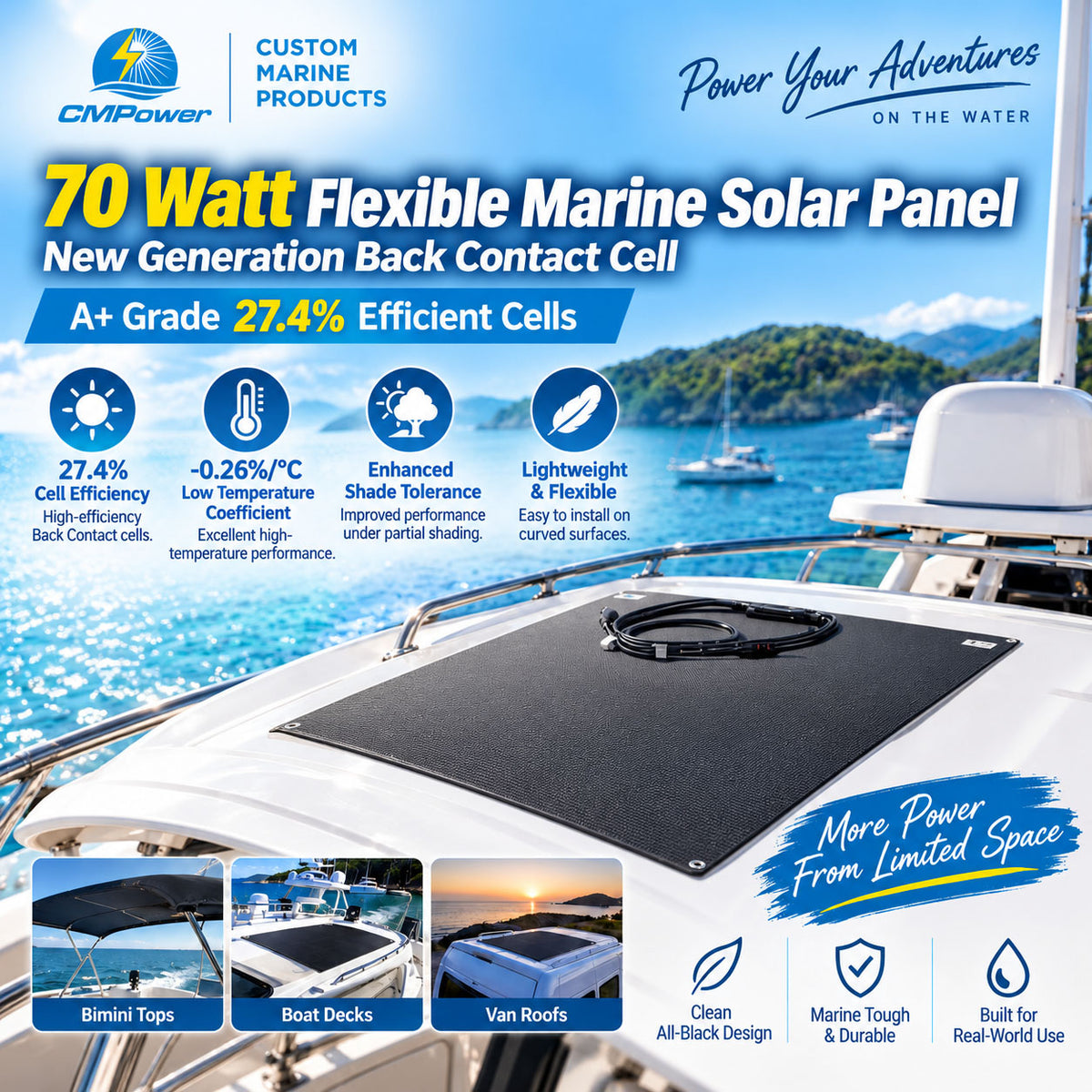 70 Watt Flexible Back Contact Solar Panels 27.4% efficient cells
