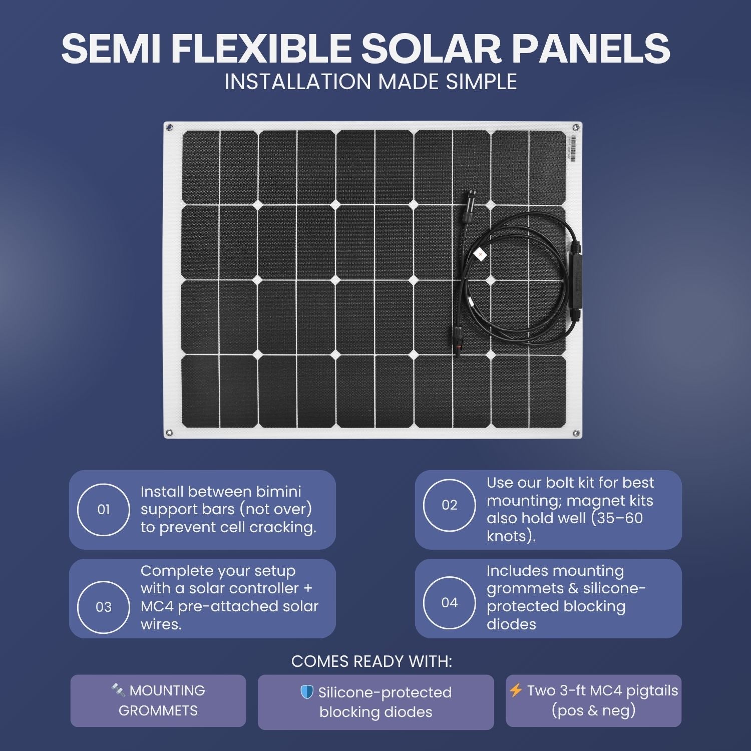 70 Watt Flexible Marine Solar Panel installation guide to bimini sailboat