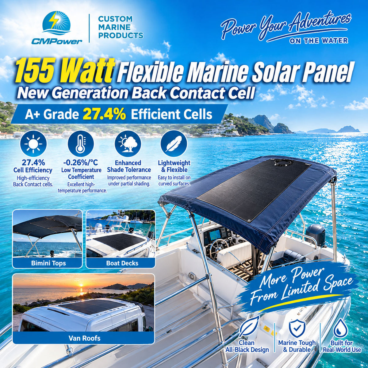 155 Watt Flexible Back Contact Solar Panels 27.4% efficient cells