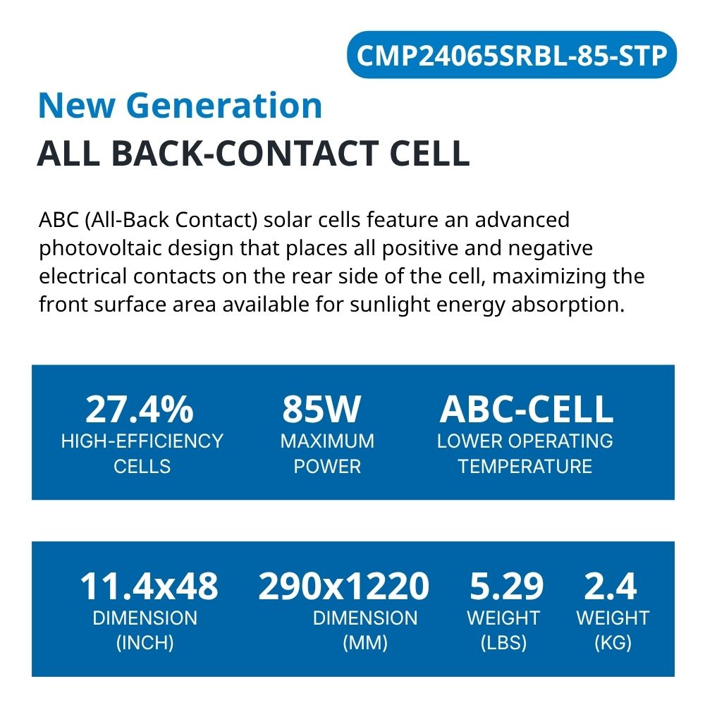 85 Watt Walkable Back Contact Solar Panels 27.4% efficient cells - specifications