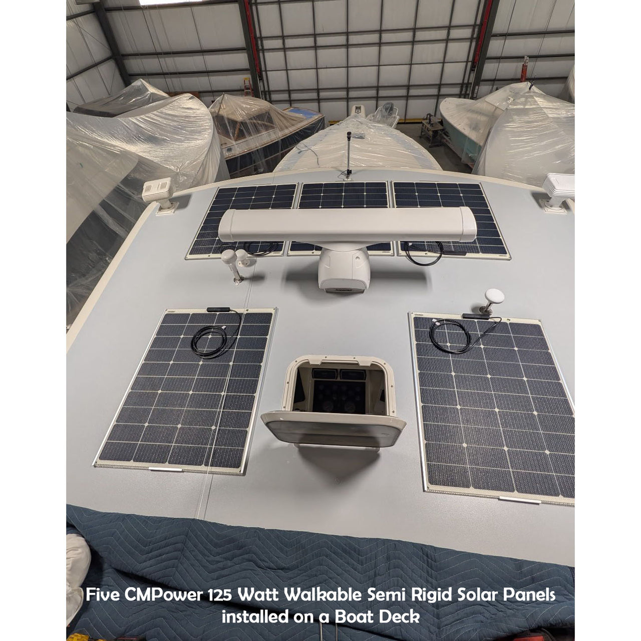 Five 125 Watt Walkable Marine Solar Panels installation project on a boat deck