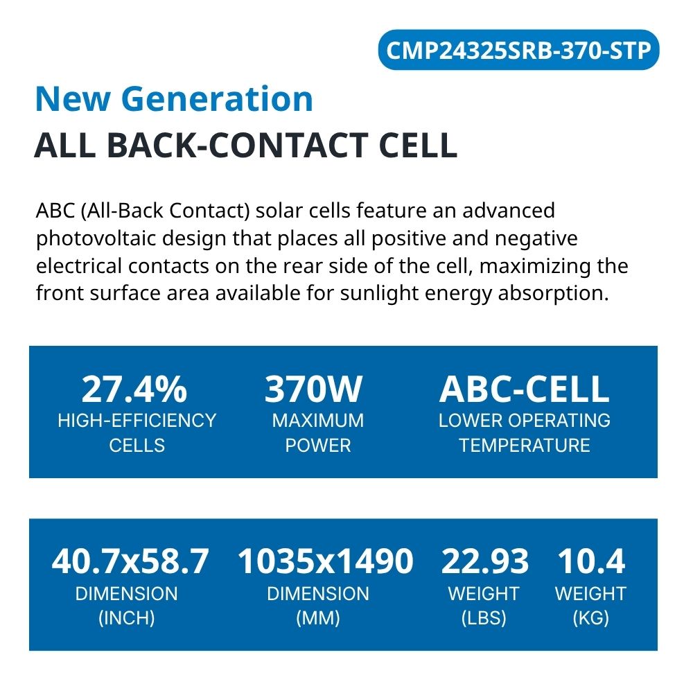 370 Watt Walkable Back Contact Solar Panels 27.4% efficient cells - specifications