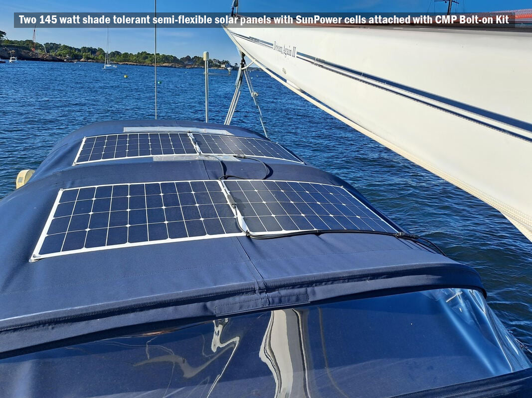 flexible marine solar panels mounting on canvas top with CMPower bolt-on kit