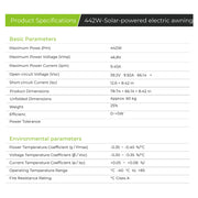 Electric Solar Awning Specifications