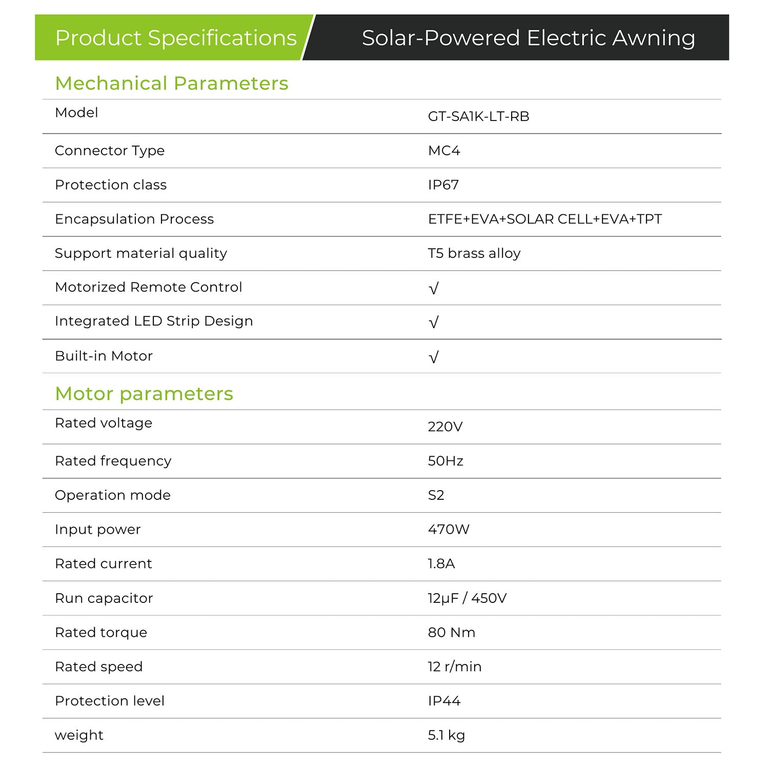 Electric Solar Awning Specifications