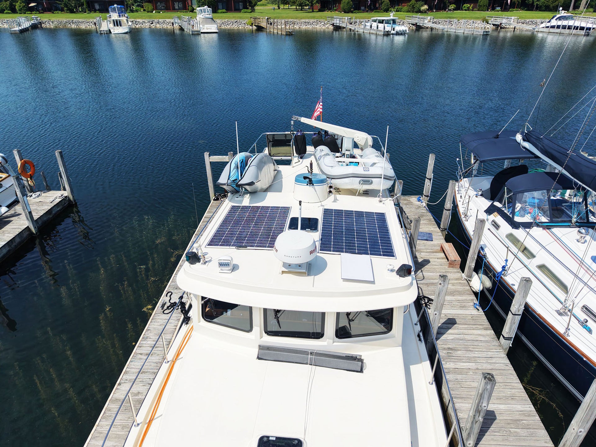 Two 325W walkable marine solar panels installed on a Nordic Tug Boat "TugAlong"