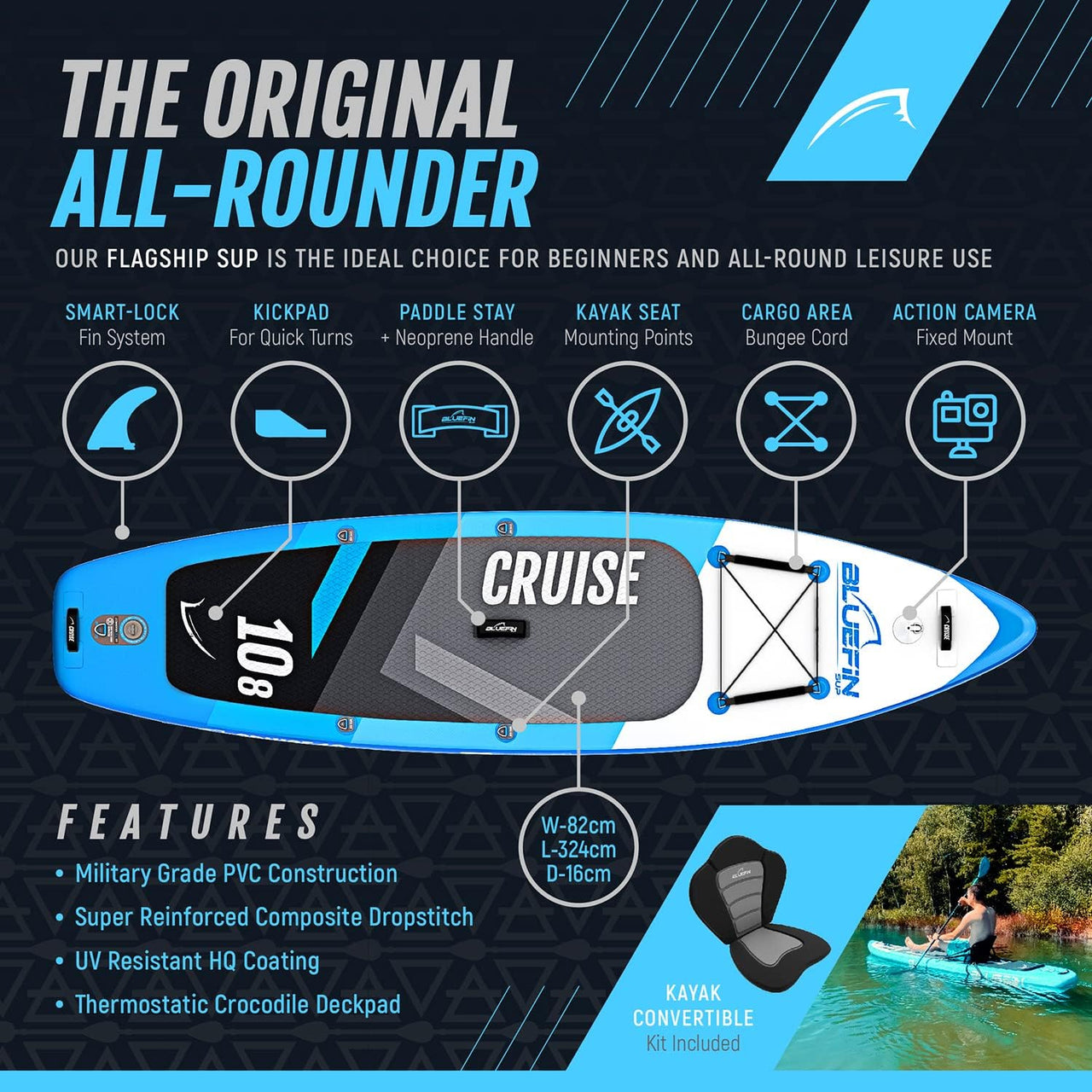 Bluefin Cruise Inflatable Stand Up Paddleboard (SUP) 10’8” – All-Around, Stable & Portable with Complete Kit