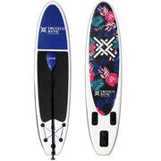 Custom branded inflatable SUP with nose and bottom graphics, including matching paddle