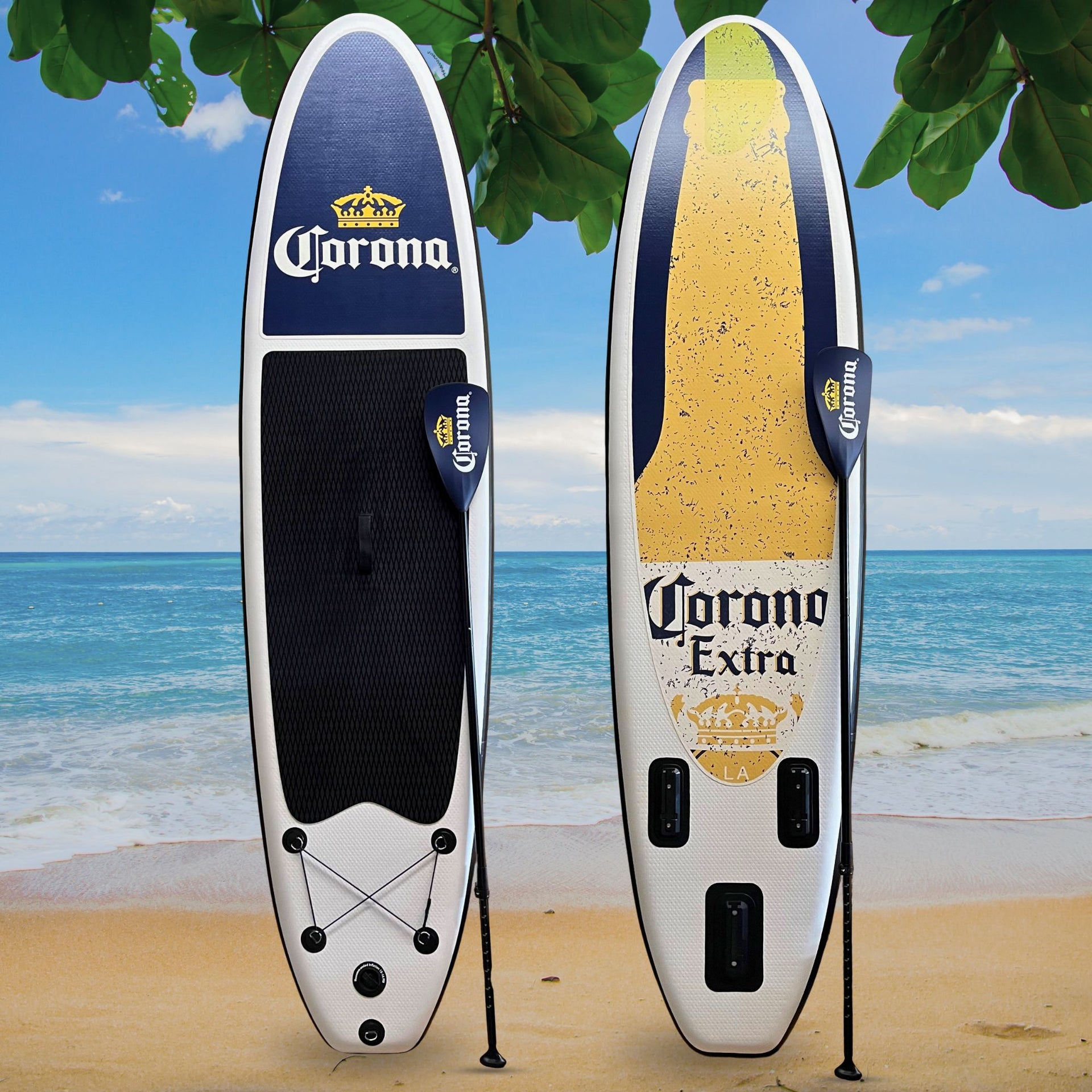 Custom branded inflatable SUP with nose and bottom graphics, including matching paddle
