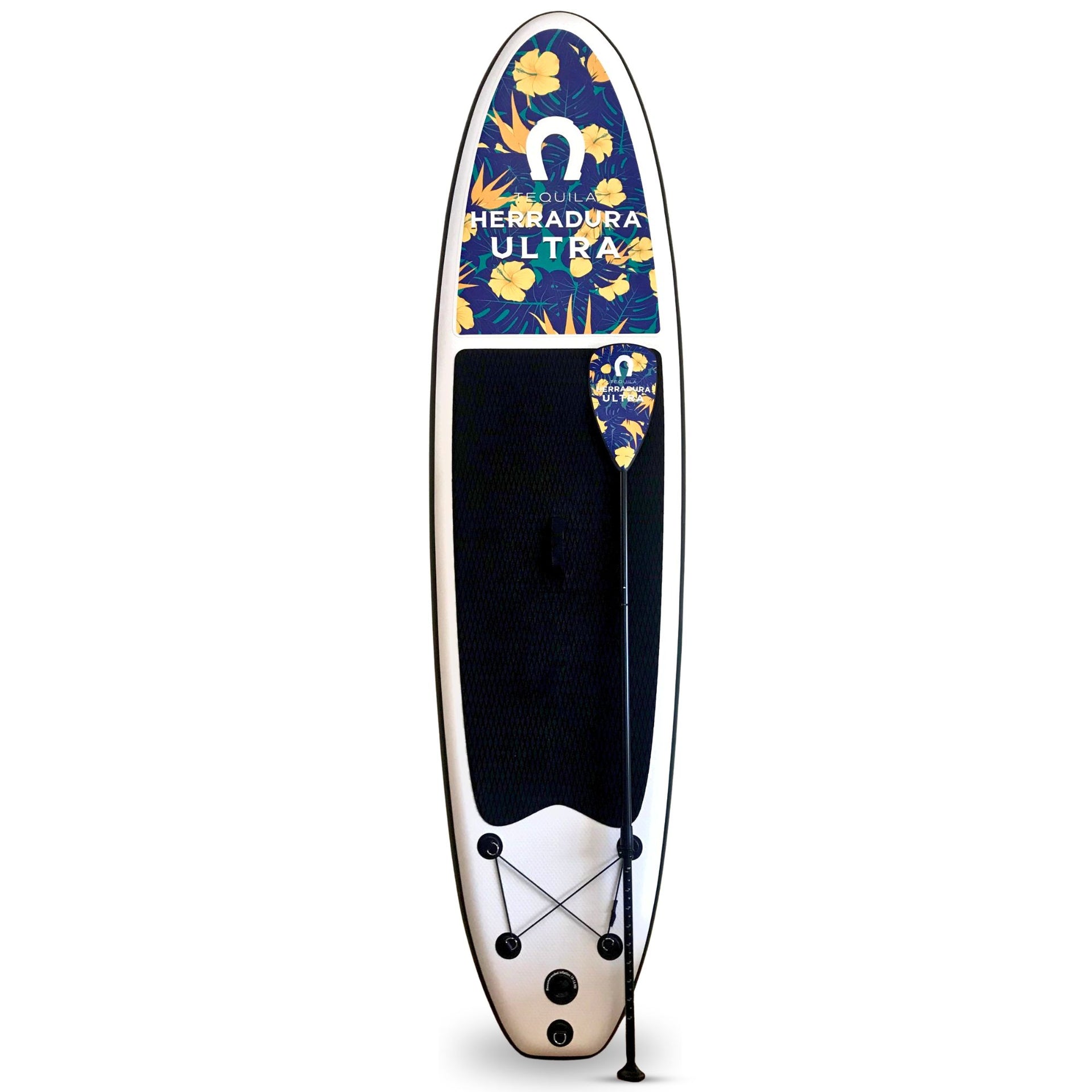Custom branded inflatable SUP with nose graphics and matching branded paddle