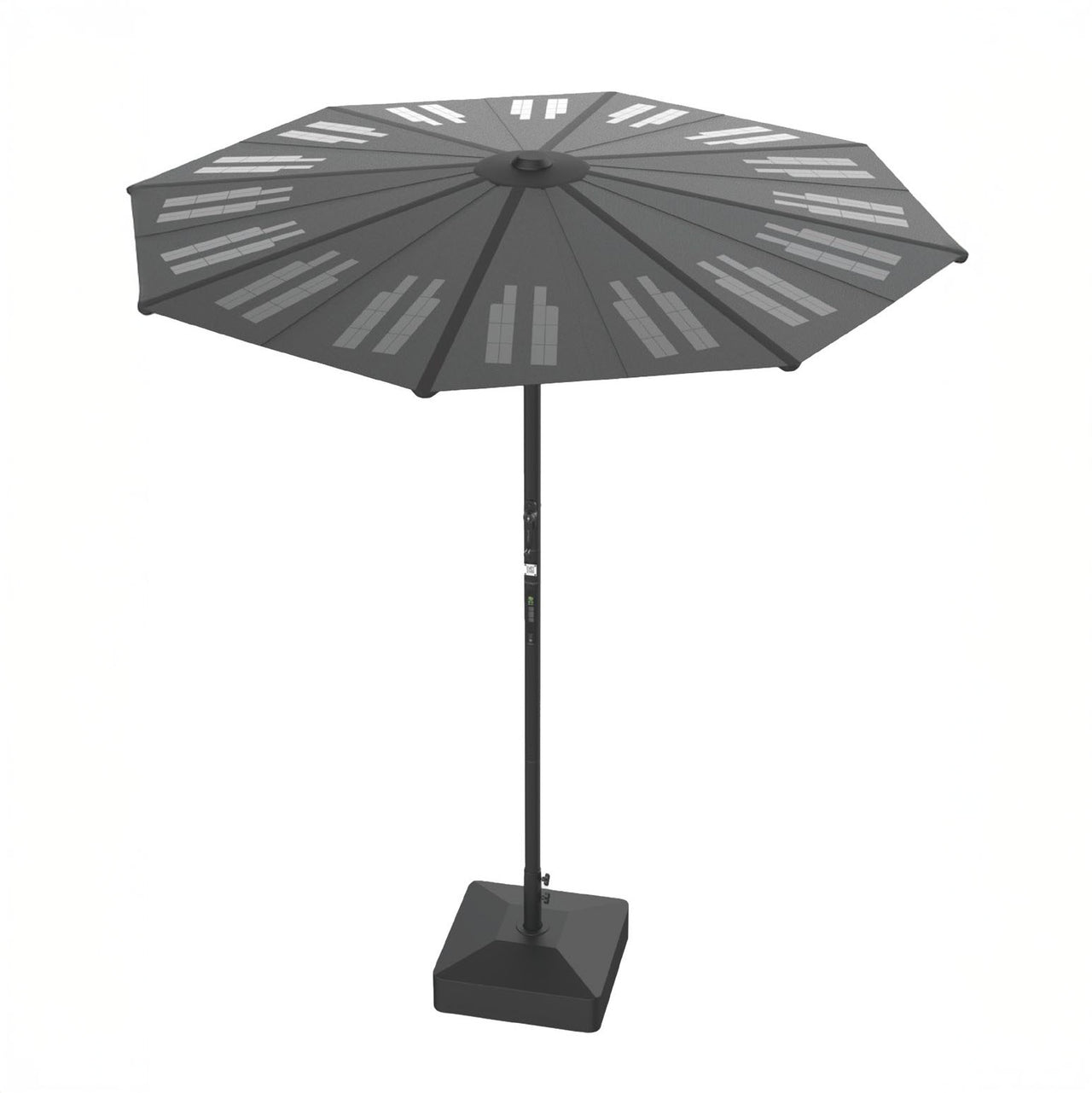 Solar charging umbrella with integrated solar panels generating 126W of power for outdoor patios, camping, and off-grid charging