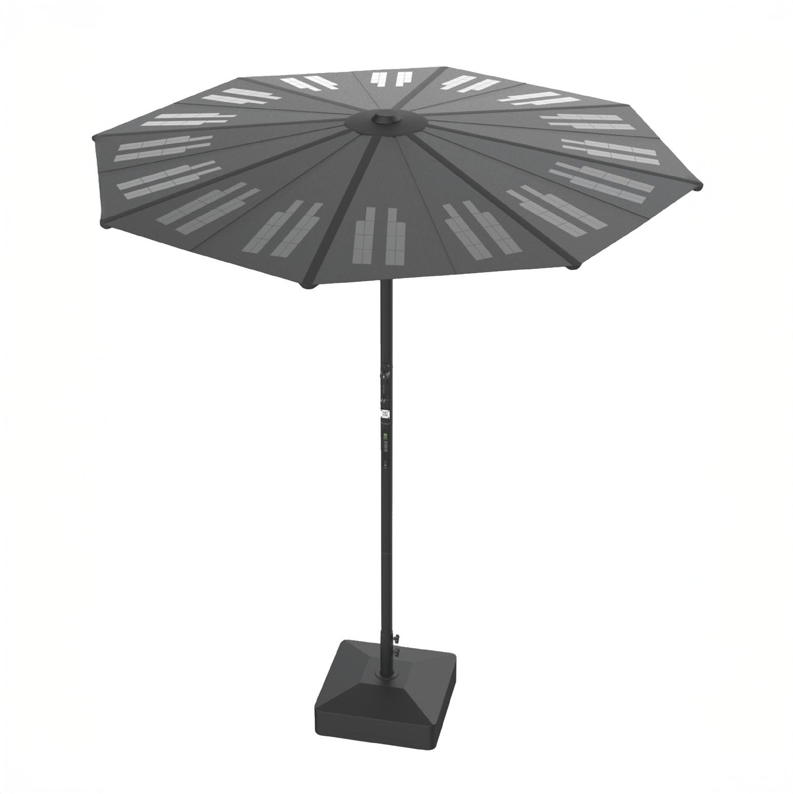 Solar charging umbrella with integrated solar panels generating 126W of power for outdoor patios, camping, and off-grid charging