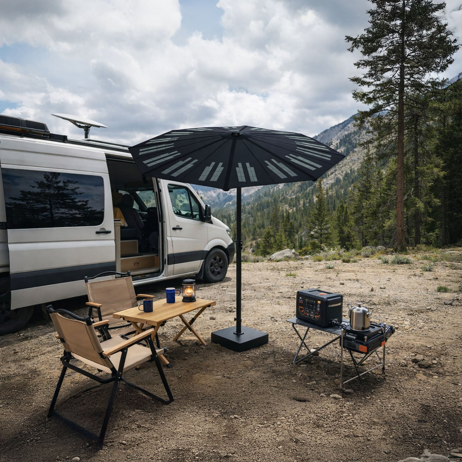 Solar powered umbrella providing shade and portable power at an off-grid camper van campsite