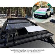 Tesla Cybertruck with walkable solar panels installed on roof rack for off-grid power