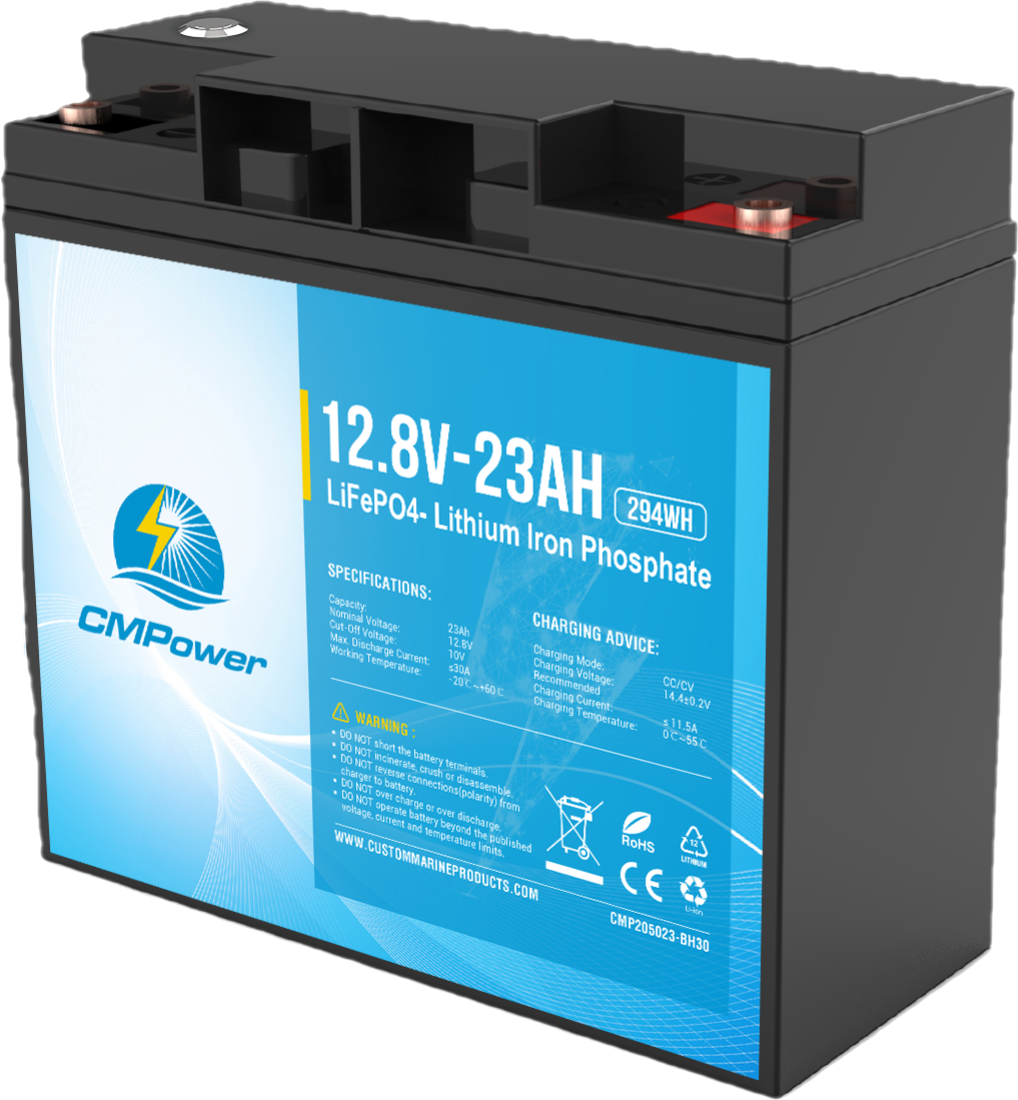23 Ah 12 Volt 30 amp BMS - LiFePO4 High Power Density Marine/Mobility Scooter Battery